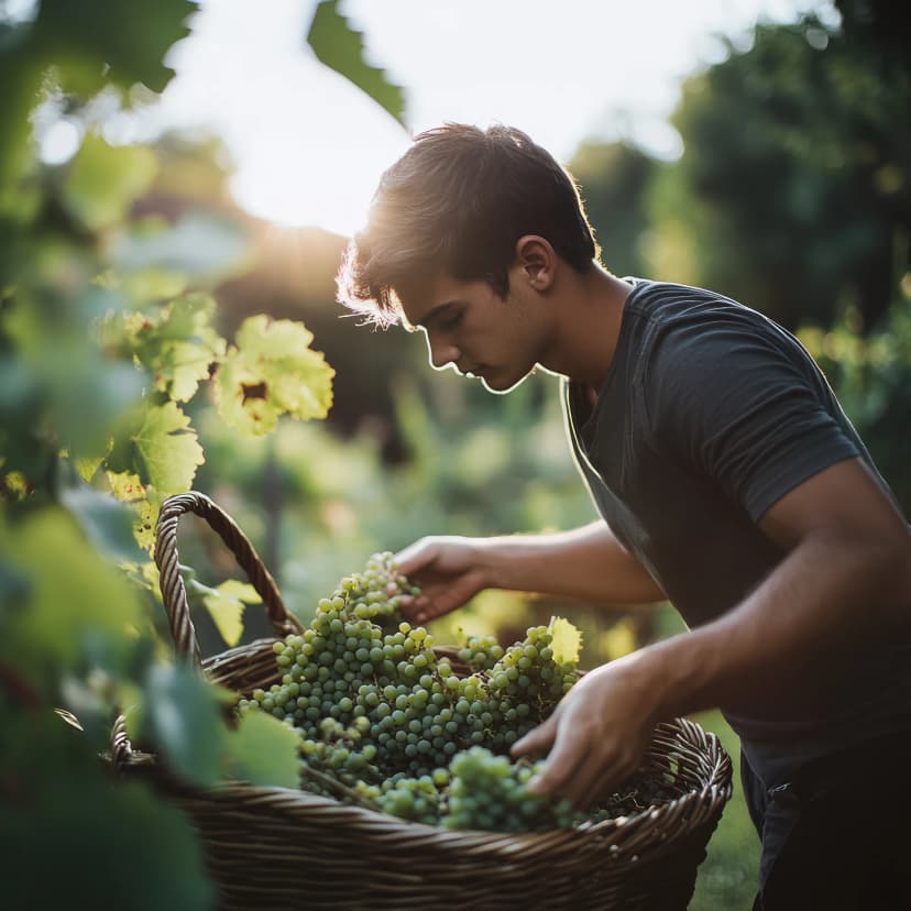 viticultor inspeccionando uvas en viñedo ecológico