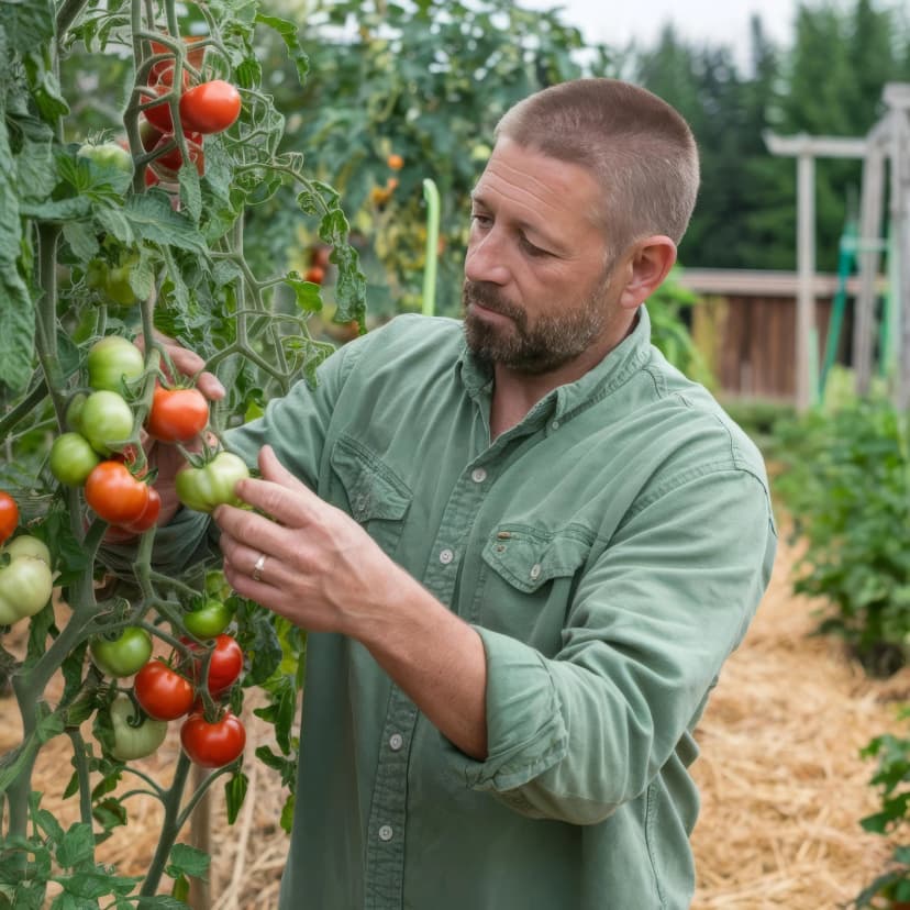 agricultor inspeccionando tomates en invernadero con bioestimulantes