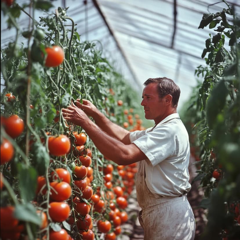 agricultor monitoreando tomate de invernadero ecológico