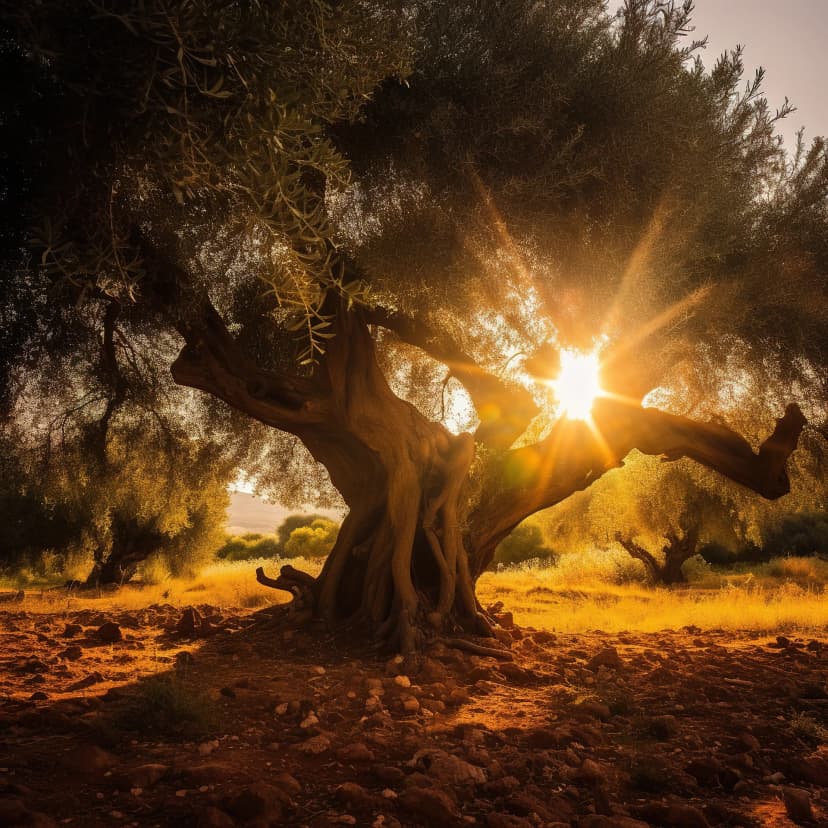 olivar sostenible al atardecer con cubiertas vegetales y árboles sanos