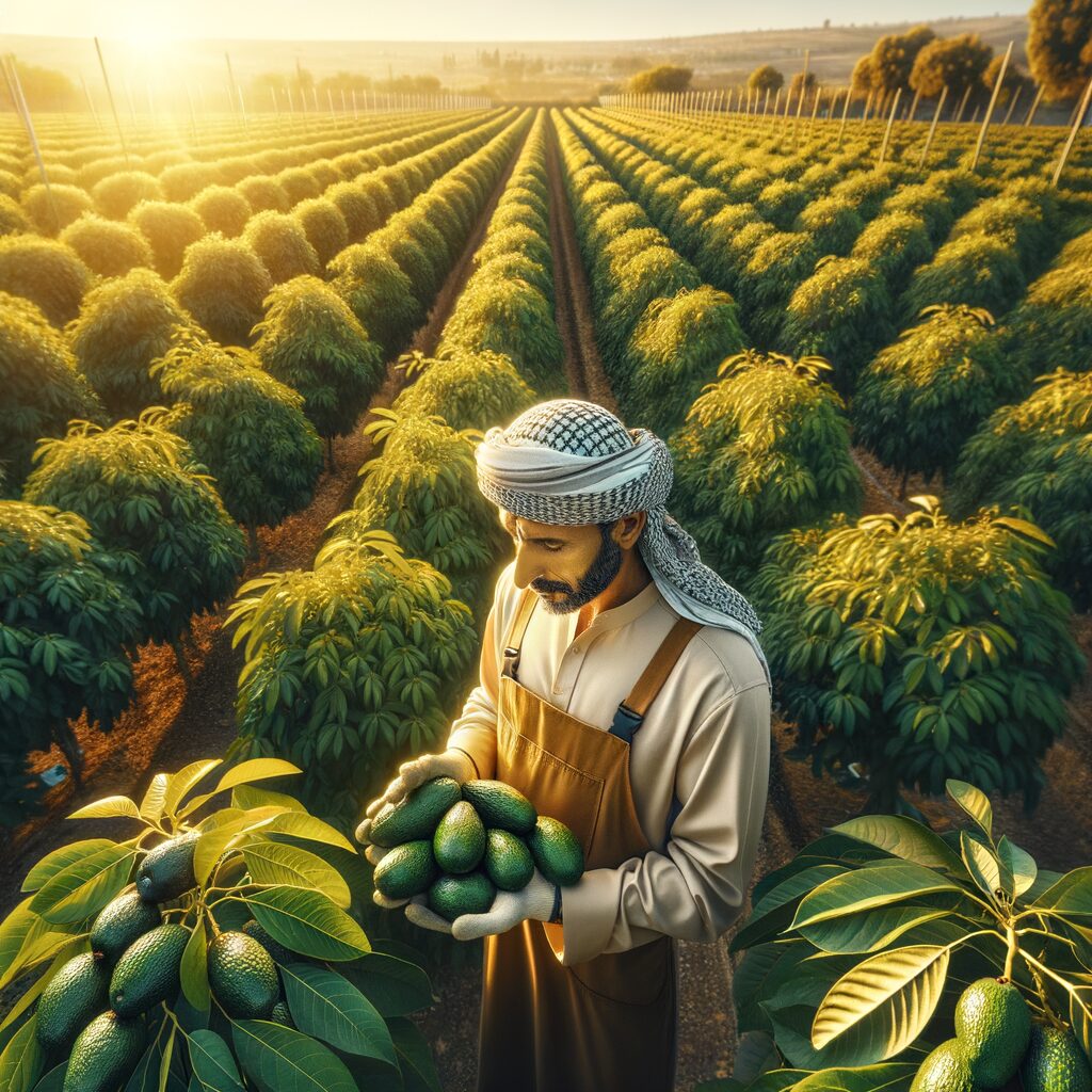 Agricultor inspeccionando aguacates saludables en un huerto