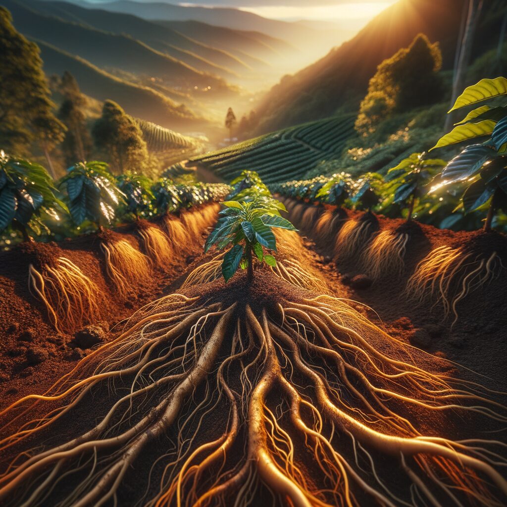 Cultivo de café saludable en región montañosa